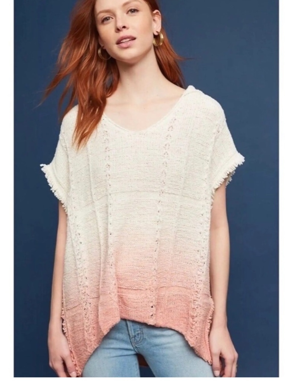 Anthropologie Moth Beachside Fringe  Ombre Pink Cream Knit Sweater With Hood